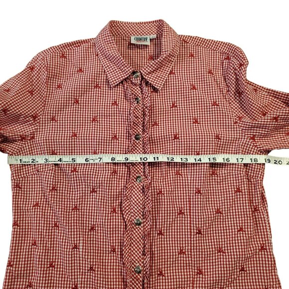 Vintage Country Line Red & White Reindeer Ruffle Button Top Women's Small - Picture 10 of 10